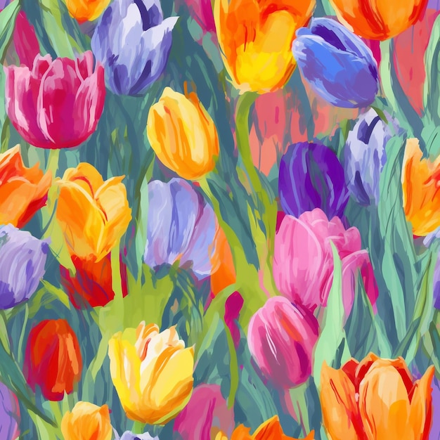 Uma pintura de tulipas em roxo, azul e amarelo.