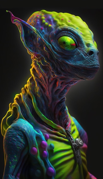 Uma pintura de um alienígena com uma corrente em volta do pescoço.