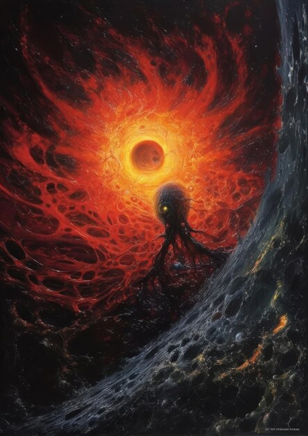 Uma pintura de um alienígena escuro olhando para um sol ao fundo.