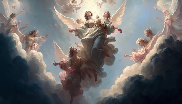 Uma pintura de um anjo com anjos nele
