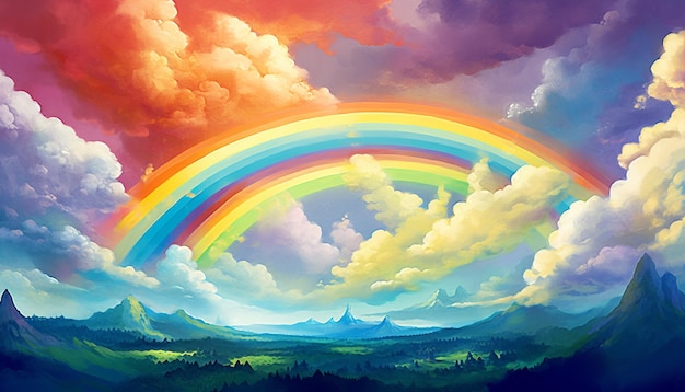 uma pintura de um arco-íris e nuvens sobre um vale no estilo da arte precisionista a arte das estrelas