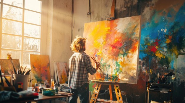Uma pintura de um artista em um estúdio iluminado pelo sol preenchida com telas resplandecentes