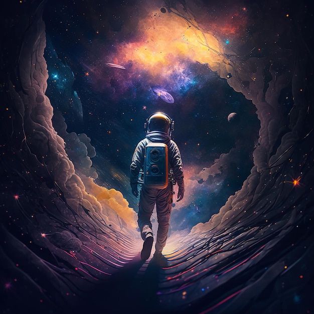 Uma pintura de um astronauta caminhando por um caminho com as palavras "espaço" no lado esquerdo.