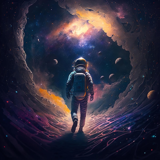 Uma pintura de um astronauta caminhando por um túnel com um buraco no centro.