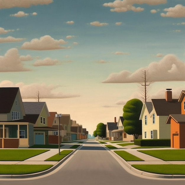 Uma pintura de um bairro com uma rua no meio.
