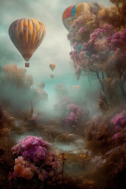 Uma pintura de um balão de ar quente com um balão rosa e amarelo flutuando acima de um riacho.