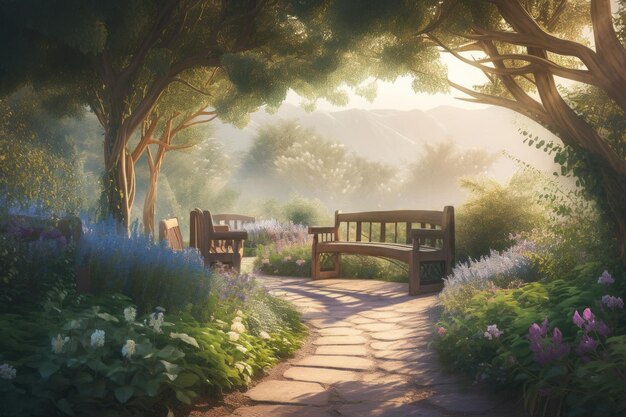 Uma pintura de um banco de madeira em uma imagem ai generativa de jardim