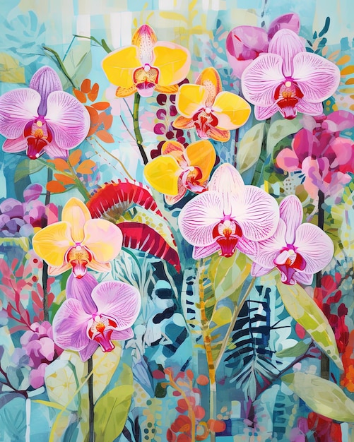 uma pintura de um bando de orquídeas