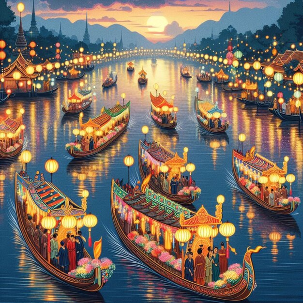 uma pintura de um barco com lanternas chinesas nele