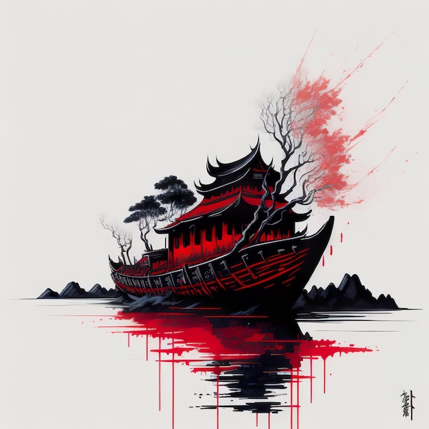 Uma pintura de um barco com um desenho vermelho e preto e a palavra "fogo" na frente.