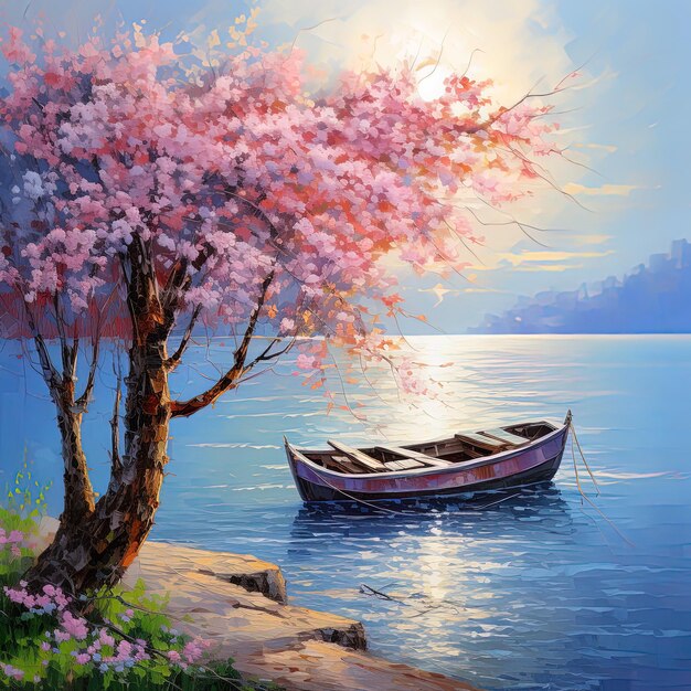 uma pintura de um barco com uma árvore no fundo