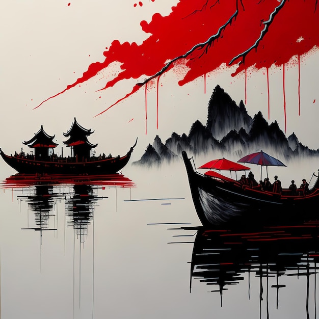 Uma pintura de um barco com uma montanha ao fundo.