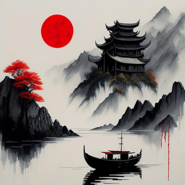 Uma pintura de um barco e uma montanha com um sol vermelho atrás dela.