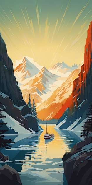 Uma pintura de um barco em um rio com montanhas no fundo