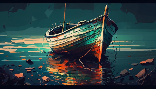 Uma pintura de um barco na água com as palavras "o barco" no fundo.