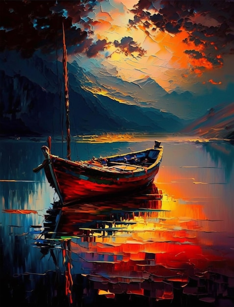 Uma pintura de um barco na água com o sol se pondo atrás dele.