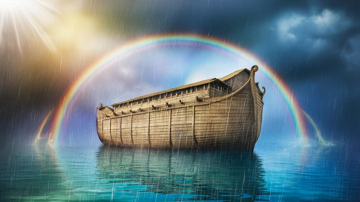 Foto uma pintura de um barco na água com um arco-íris no fundo
