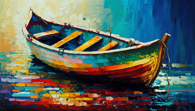 Uma pintura de um barco na água