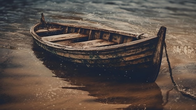 Uma pintura de um barco na praia