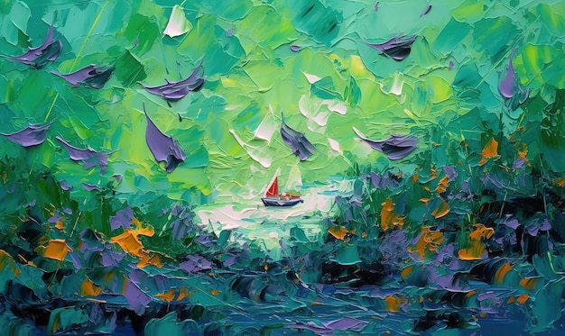 Uma pintura de um barco no mar