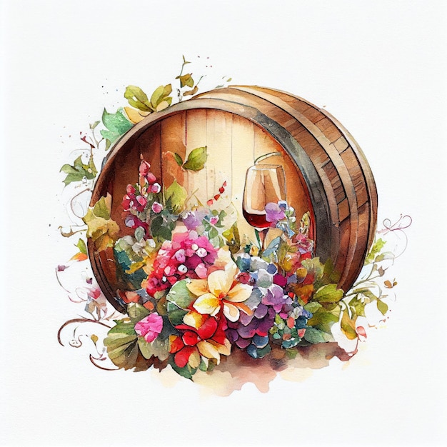 Uma pintura de um barril de vinho com um copo de vinho e flores.