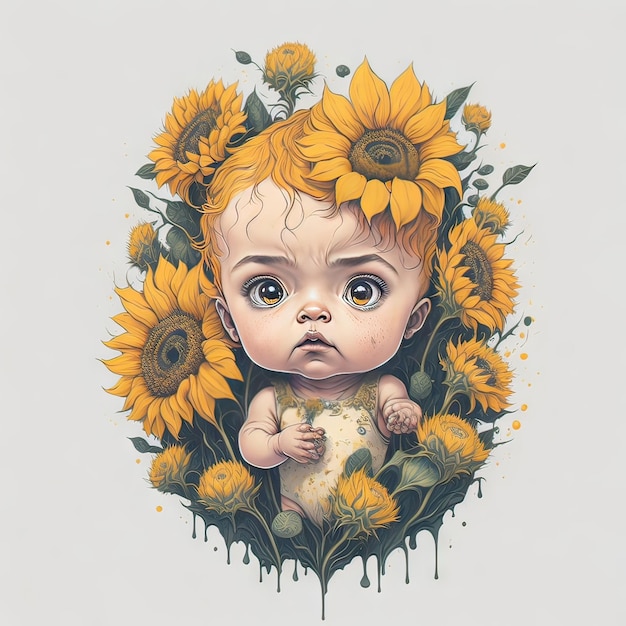 Uma pintura de um bebê cercado por girassóis