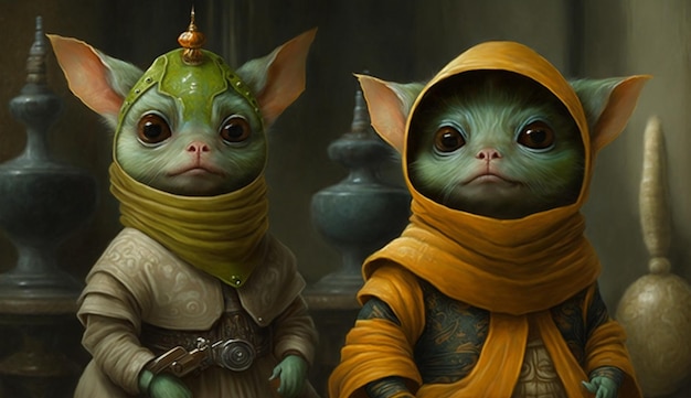Uma pintura de um bebê Yoda e uma criança