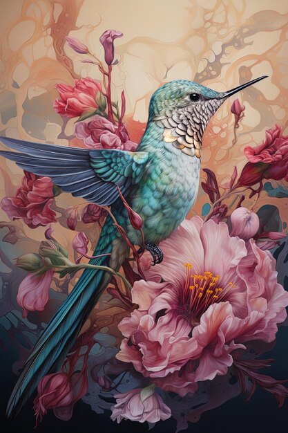 uma pintura de um beija-flor em uma flor com um pássaro nele