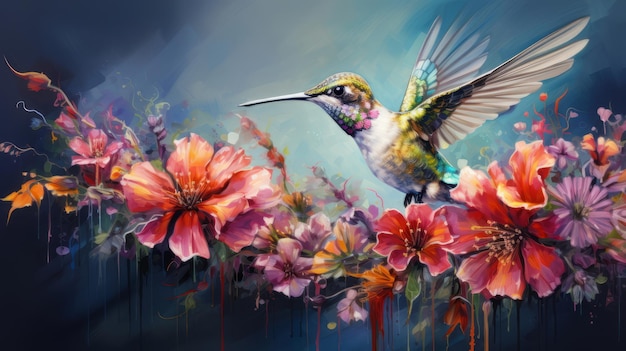 Uma pintura de um beija-flor voando sobre flores