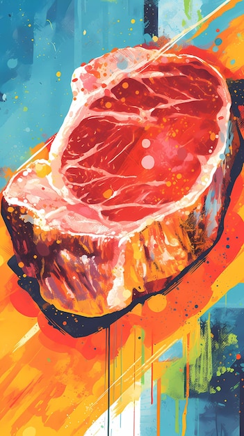 Uma pintura de um bife com uma fatia de carne sobre ele.
