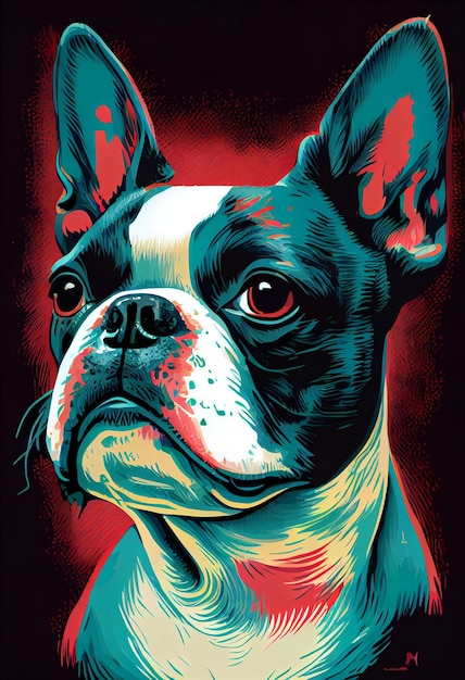 Uma pintura de um Boston Terrier com as palavras "Boston Terrier" na frente.