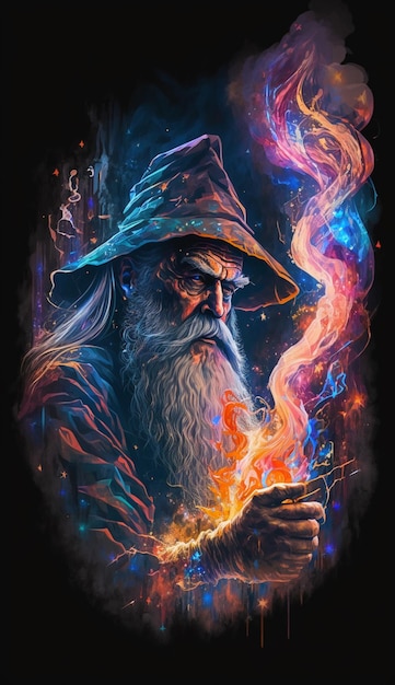 Uma pintura de um bruxo barbudo com uma fogueira ao fundo.