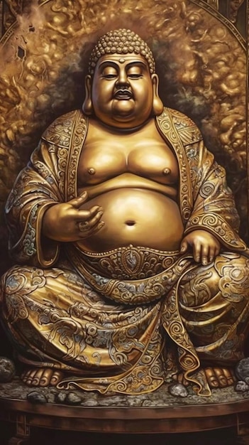 Uma pintura de um buda com a palavra buda nela