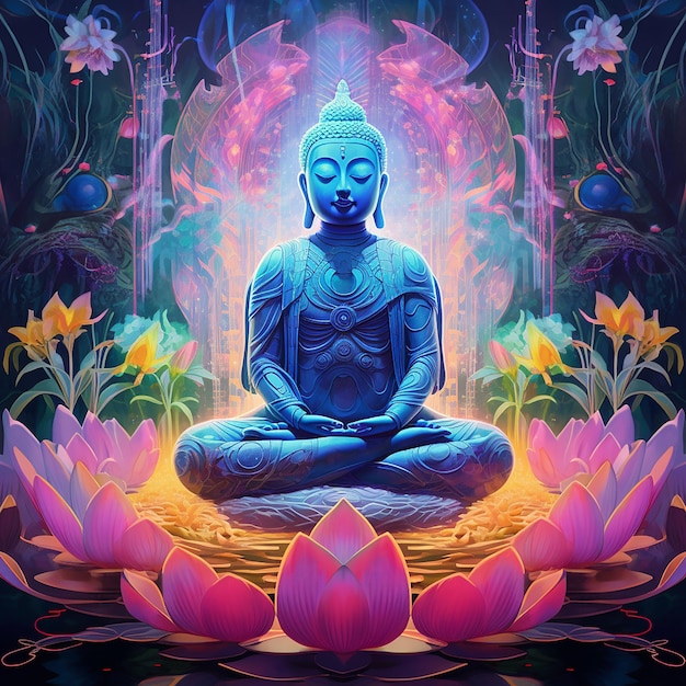 Uma pintura de um buda com as palavras buda na frente.