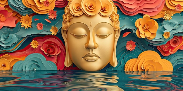 Foto uma pintura de um buda com flores e um reflexo de um buda