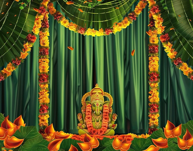 uma pintura de um Buda dourado com uma cortina verde atrás dele