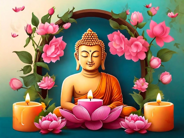 uma pintura de um Buda sentado na frente de uma moldura com flores e um Buda