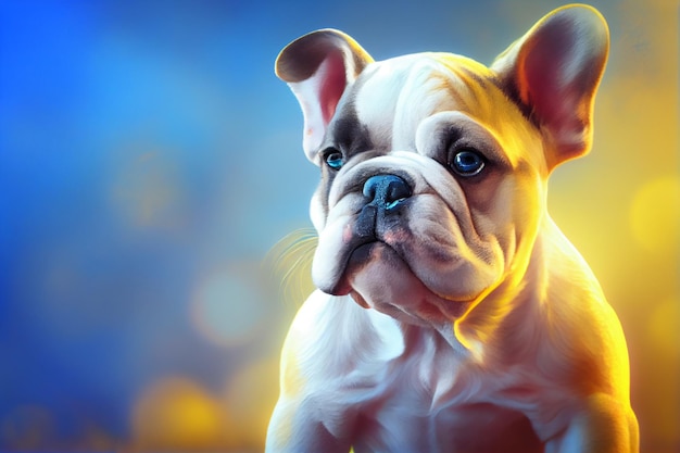 Uma pintura de um bulldog com olhos azuis