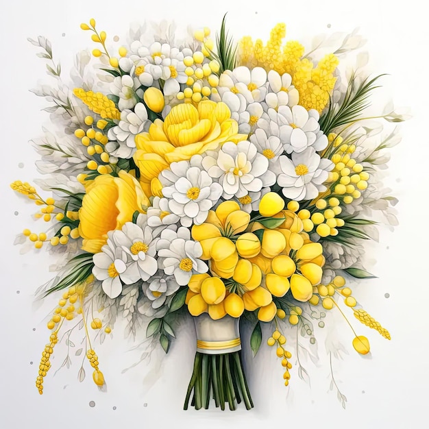 Uma pintura de um buquê de flores amarelas e brancas