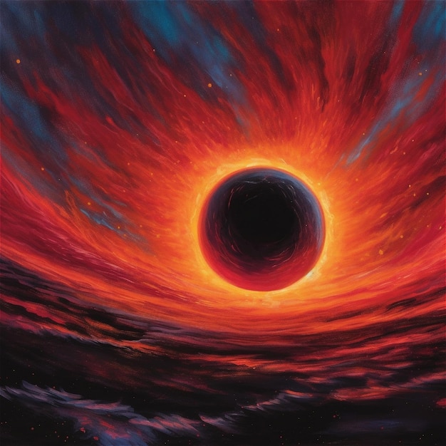 Uma pintura de um buraco negro em um céu vermelho