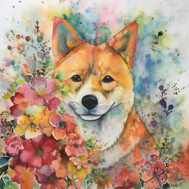 Uma pintura de um cachorro com flores nele