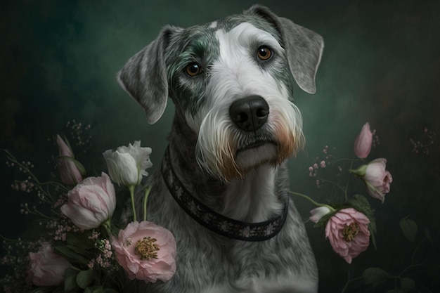 Uma pintura de um cachorro com flores