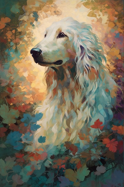 Uma pintura de um cachorro com um golden retriever ao fundo.