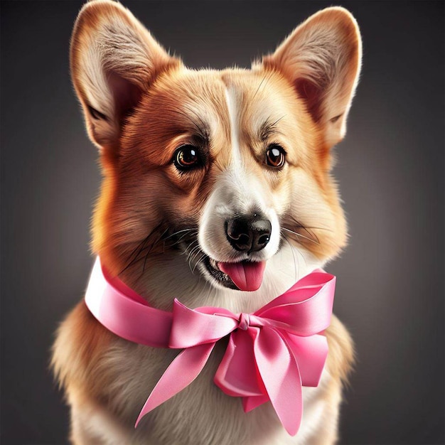 Uma pintura de um cachorro com um laço rosa no pescoço