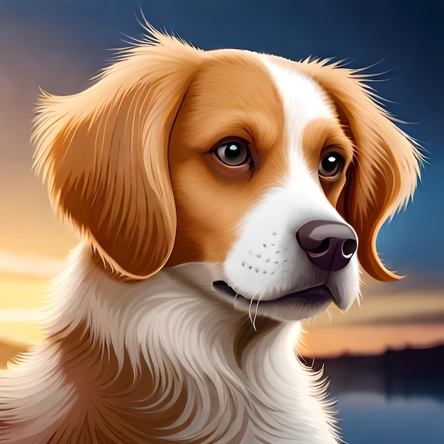 Uma pintura de um cachorro com um pôr do sol ao fundo.