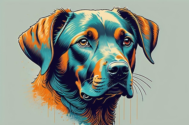 Uma pintura de um cachorro com um rosto azul e cores amarelas e laranja.