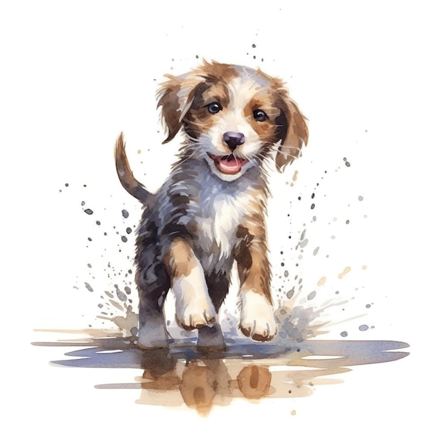 Uma pintura de um cachorro correndo em uma poça de água Imagem IA generativa