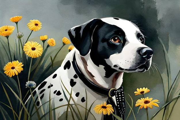 Uma pintura de um cachorro dálmata em um campo de flores.