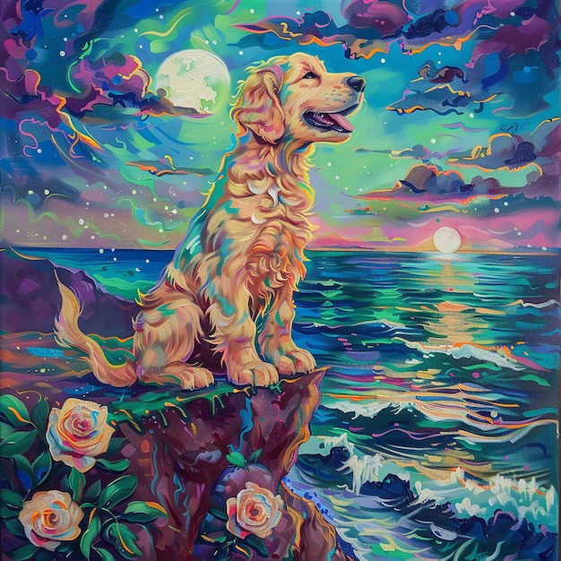 uma pintura de um cachorro de golden retriever como o cartão de tarot do tolo na borda de um penhasco sobre olhando