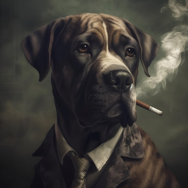 Uma pintura de um cachorro de gravata e fumando um cigarro.